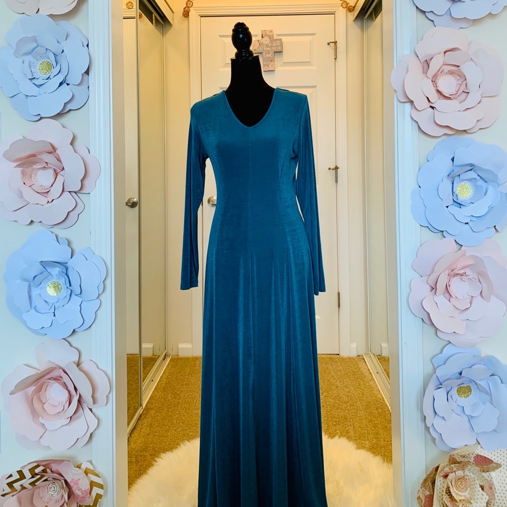 Vintage 80s blue green Glamorous Gown w lace back